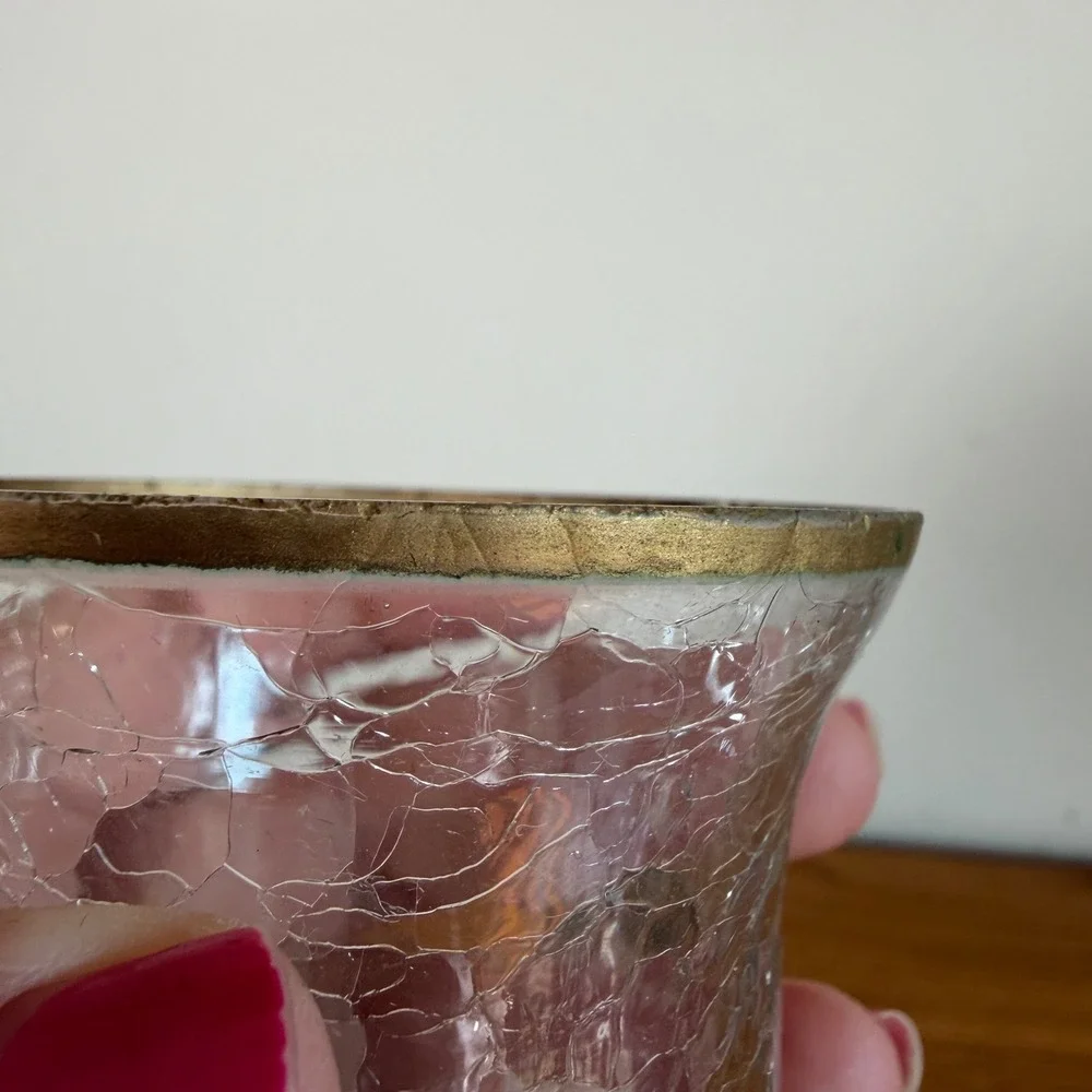 Vintage Clear Crackle Glass Footed Votive Holder Gold Rim Tripod Base